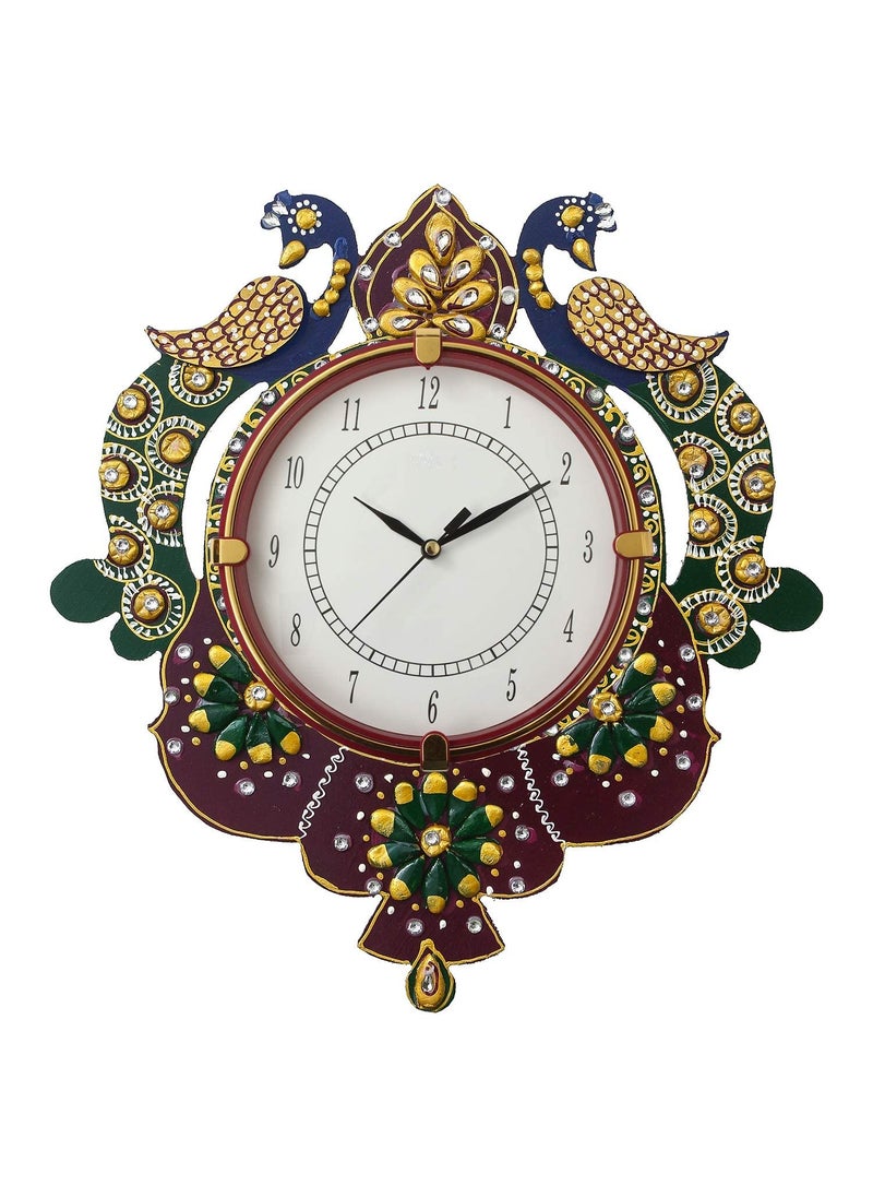 CIRCADIAN Hand-Made Engineering Wood Ethnic Couple Peacock Wall Clock for Home, Office (Size: 14X13 in || Color: Green-Maroon)