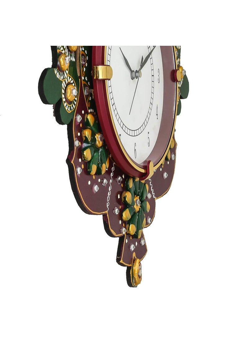 CIRCADIAN Hand-Made Engineering Wood Ethnic Couple Peacock Wall Clock for Home, Office (Size: 14X13 in || Color: Green-Maroon)