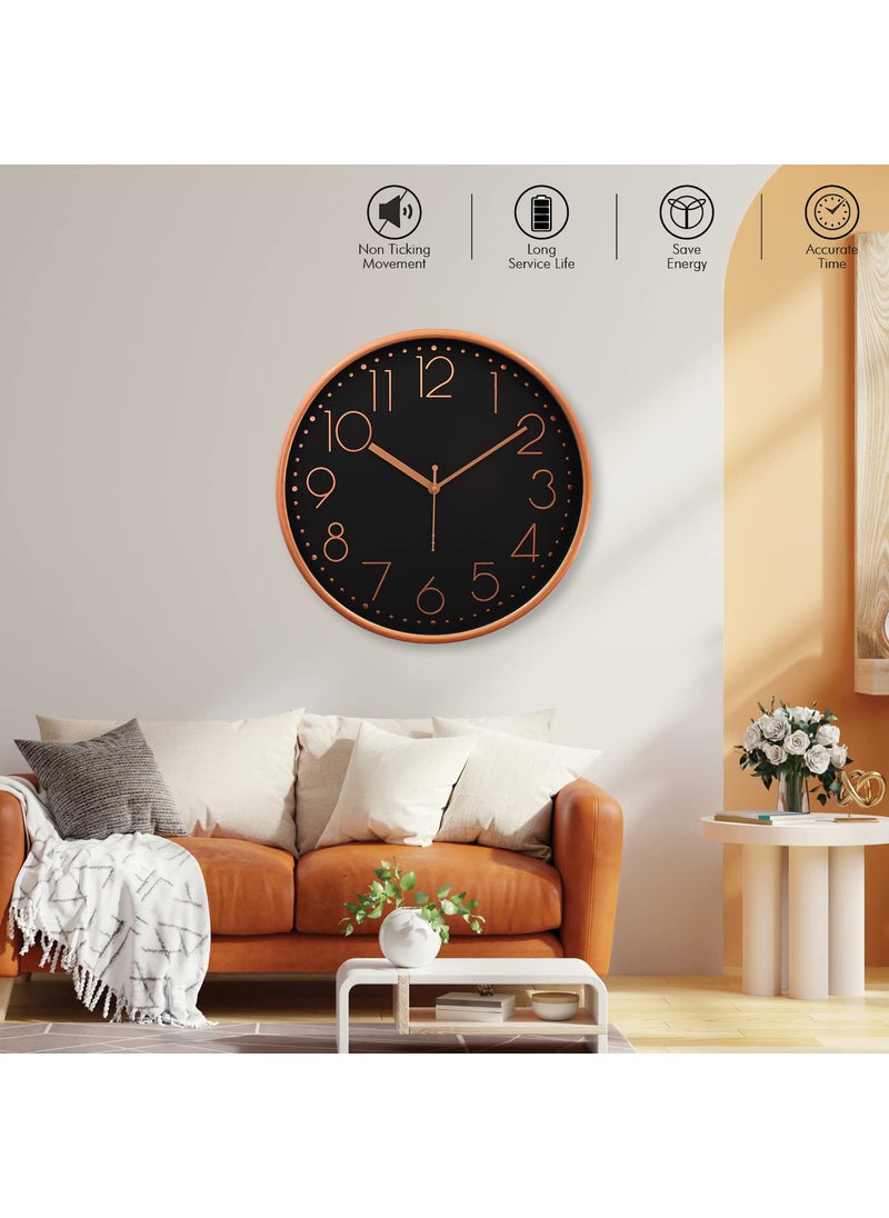 RANDOM Stylish Non Ticking Silent Wall Clocks Battery Operated Big Numbers Decorative Wall Clocks for Living Room, Bedroom, Kitchen, Lobby - Metallic Finish Frame Glass Cover (Copper) - Analog, 30 Cm