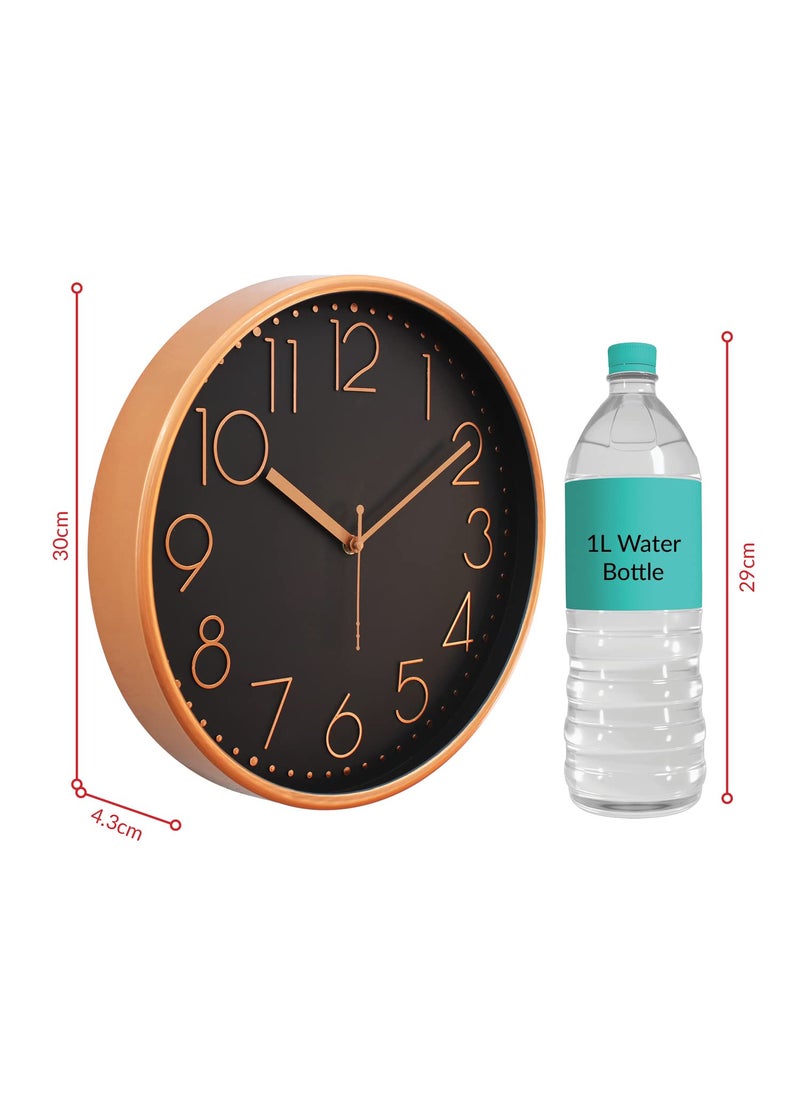 RANDOM Stylish Non Ticking Silent Wall Clocks Battery Operated Big Numbers Decorative Wall Clocks for Living Room, Bedroom, Kitchen, Lobby - Metallic Finish Frame Glass Cover (Copper) - Analog, 30 Cm