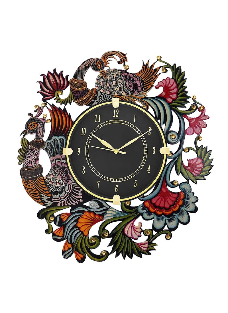 CIRCADIAN Ajanta Peacock Design Wall Clock for Home Décor Living Room Hall Office Bedroom Fancy Stylish Antique Wooden Watch Handmade Multicolour 35 X 33 Cm Pack of 1 - Analog