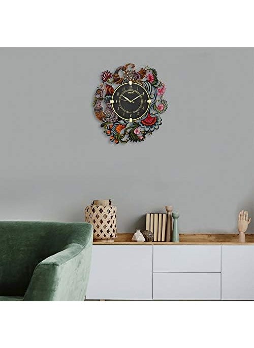 CIRCADIAN Ajanta Wooden Hand Painted Designer Wall Clock for Home, Living Room, Office, Bedroom (Black)