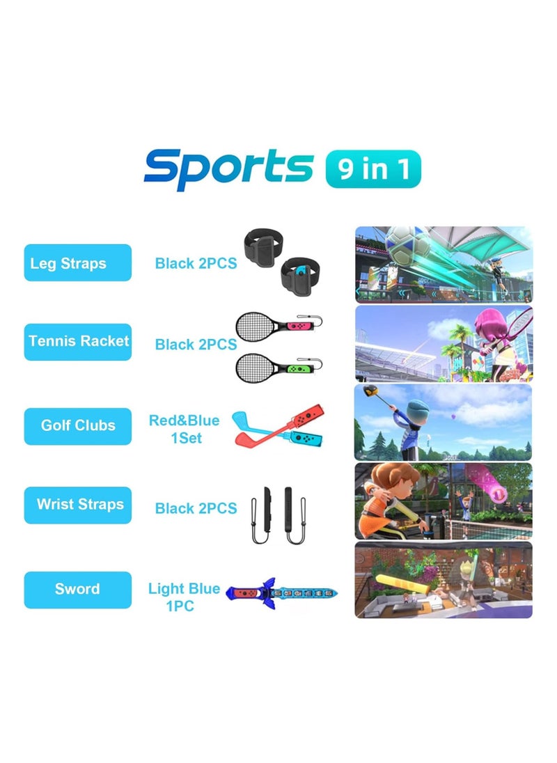 Switch Sports Accessories, 9 in 1 Game Kit with Golf Club, Joy-Con Wrist Bands, Soccer Leg Straps, Tennis Rackets, Sword for Chambara