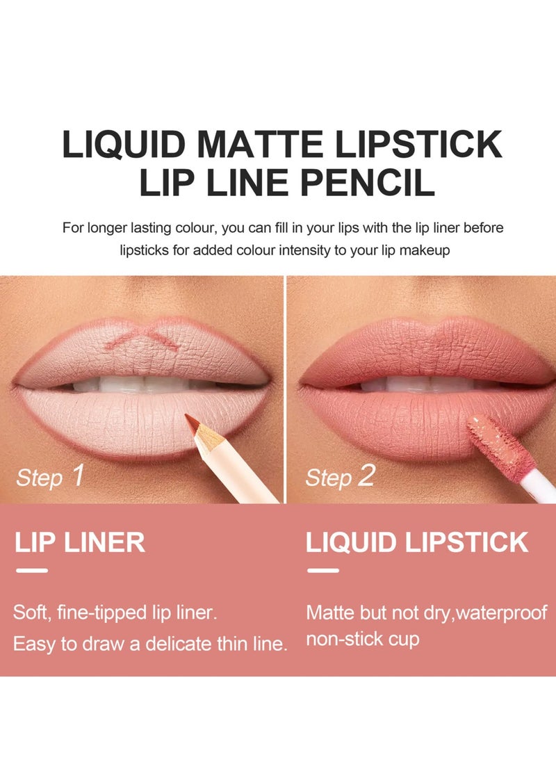 Lip Liner and Lipstick Set Kit, 24pcs Nude Dark Red Matte Waterproof 24 Hour Lipstick Makeup Kit, 12 Velvety Matte Liquid and 12 Matching Smooth Lip Liner