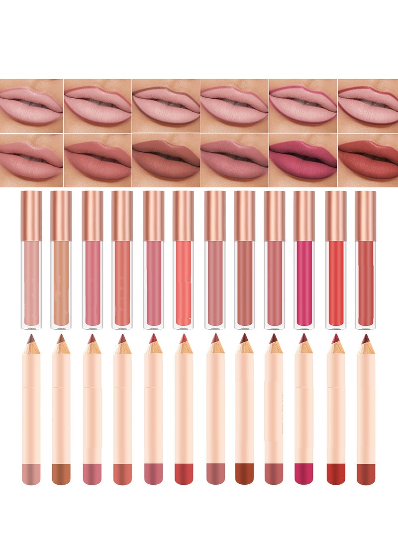 Lip Liner and Lipstick Set Kit, 24pcs Nude Dark Red Matte Waterproof 24 Hour Lipstick Makeup Kit, 12 Velvety Matte Liquid and 12 Matching Smooth Lip Liner