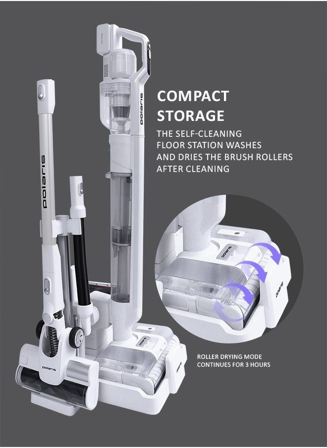 Cordless vertical washing vacuum cleaner 7 in 1 is suitable for dry and wet cleaning. Packaging includes an additional pipe, an additional electric brush, a mini turbo brush, a 2-in-1 nozzle, a crevice nozzle, a flexible hose, an animal brush nozzle, a roller cleaning brush, a water container cleaning brush, an additional battery, an additional battery adapter. Removable motor part and an additional brush and pipe, allows the vacuum cleaner to turn into an independent cordless vertical vacuum cleaner that can be used for everyday dry cleaning.  Suction power – 170 AW