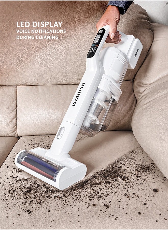 Cordless vertical washing vacuum cleaner 7 in 1 is suitable for dry and wet cleaning. Packaging includes an additional pipe, an additional electric brush, a mini turbo brush, a 2-in-1 nozzle, a crevice nozzle, a flexible hose, an animal brush nozzle, a roller cleaning brush, a water container cleaning brush, an additional battery, an additional battery adapter. Removable motor part and an additional brush and pipe, allows the vacuum cleaner to turn into an independent cordless vertical vacuum cleaner that can be used for everyday dry cleaning.  Suction power – 170 AW
