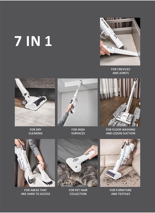Cordless vertical washing vacuum cleaner 7 in 1 is suitable for dry and wet cleaning. Packaging includes an additional pipe, an additional electric brush, a mini turbo brush, a 2-in-1 nozzle, a crevice nozzle, a flexible hose, an animal brush nozzle, a roller cleaning brush, a water container cleaning brush, an additional battery, an additional battery adapter. Removable motor part and an additional brush and pipe, allows the vacuum cleaner to turn into an independent cordless vertical vacuum cleaner that can be used for everyday dry cleaning.  Suction power – 170 AW
