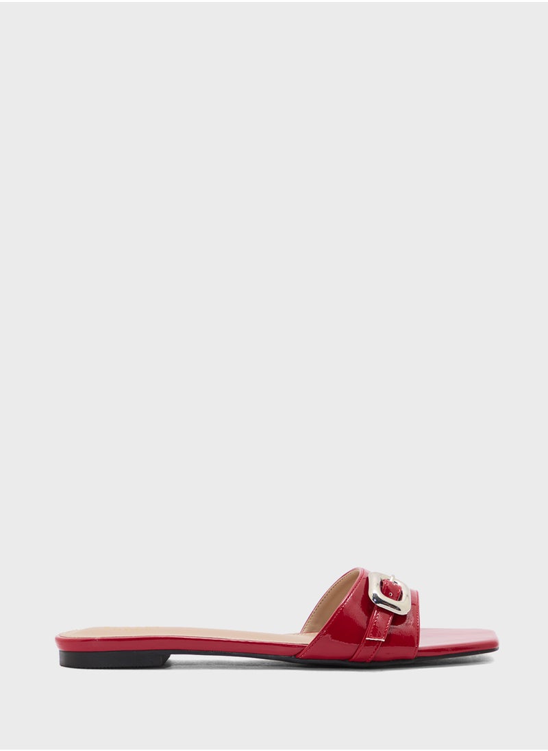 Buckle Detail Crinkle Patent Flat Sandal