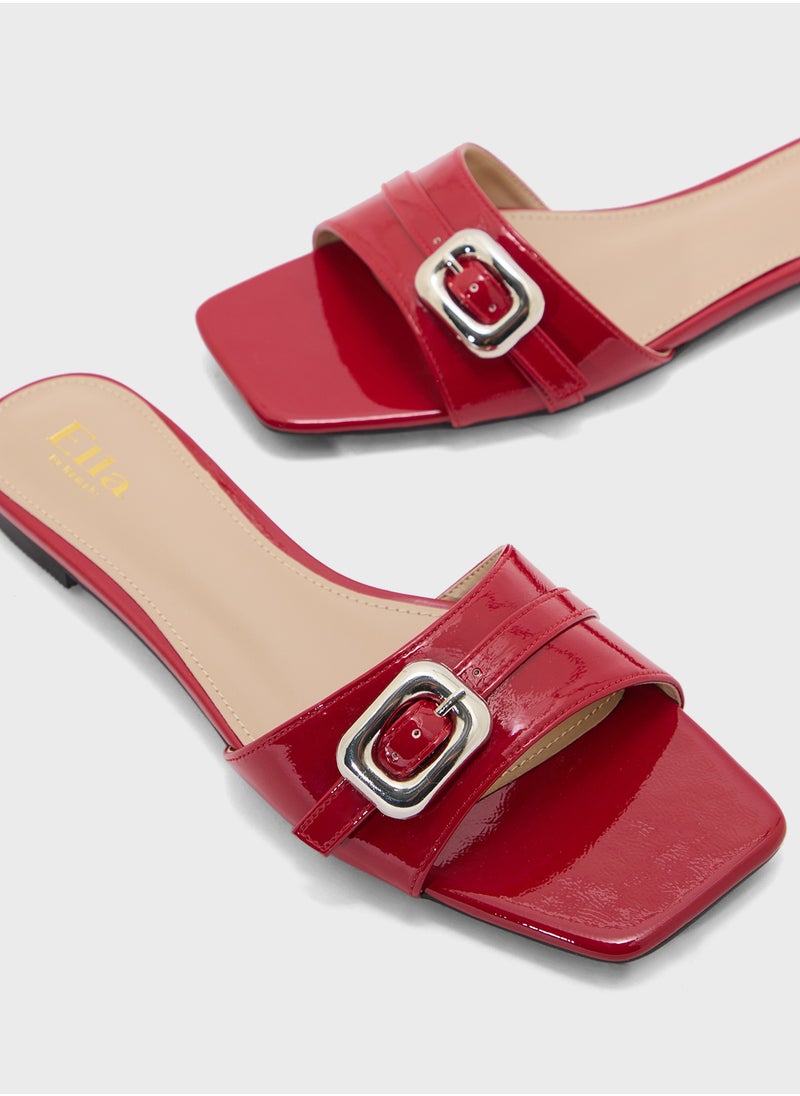 Buckle Detail Crinkle Patent Flat Sandal