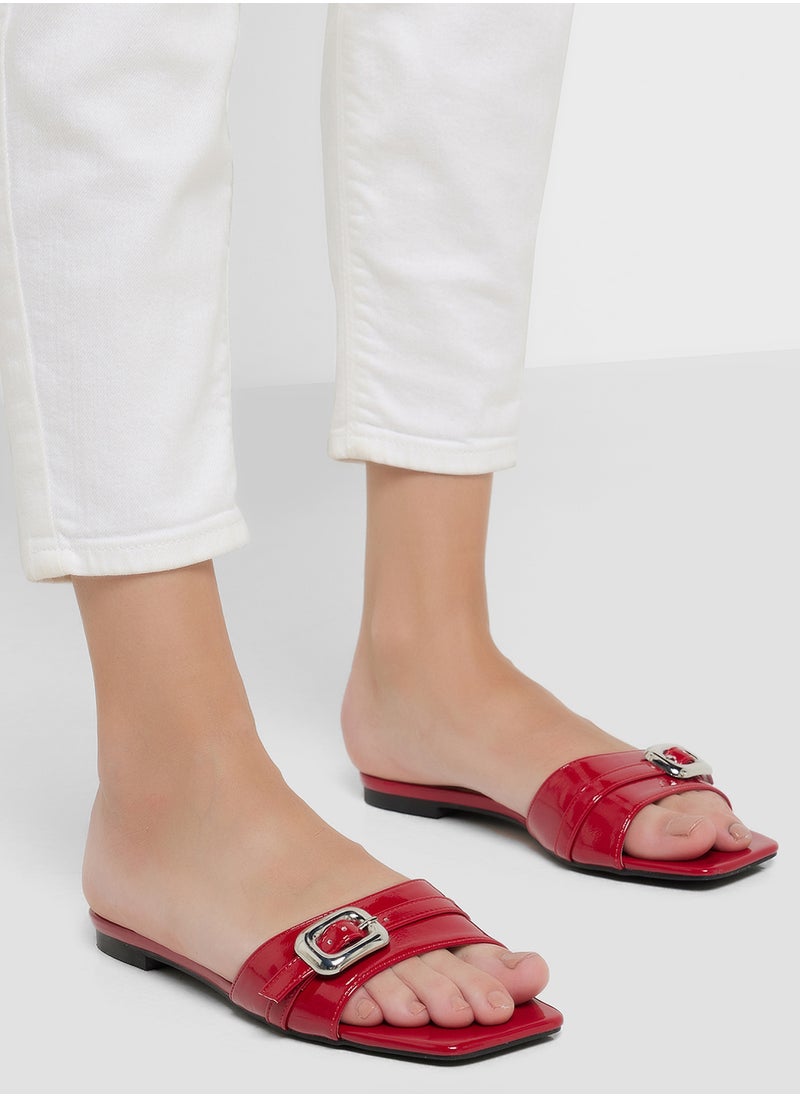 Buckle Detail Crinkle Patent Flat Sandal