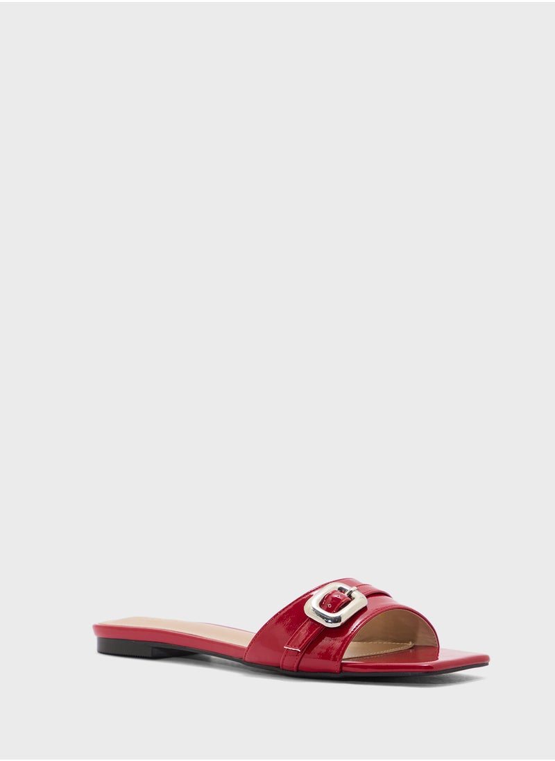 Buckle Detail Crinkle Patent Flat Sandal