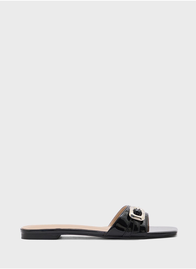 Buckle Detail Crinkle Patent Flat Sandal