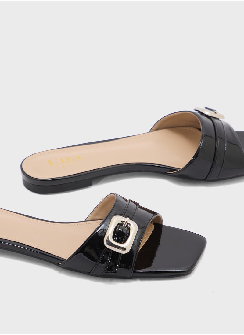 Buckle Detail Crinkle Patent Flat Sandal