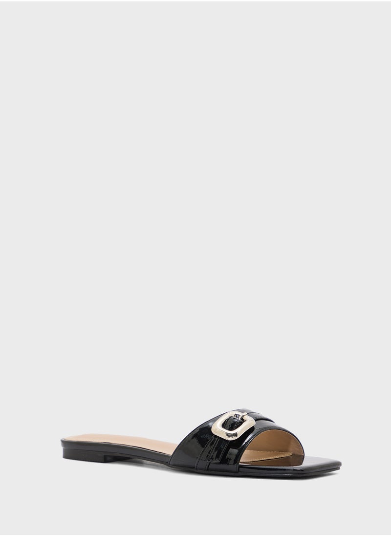 Buckle Detail Crinkle Patent Flat Sandal