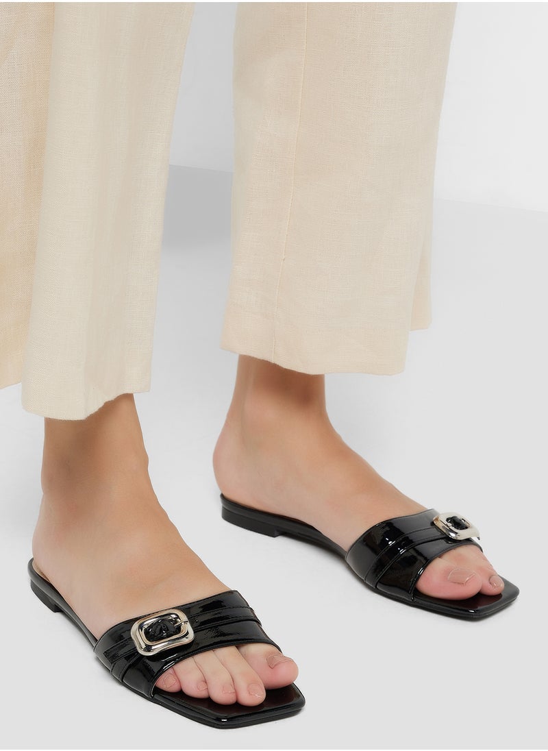 Buckle Detail Crinkle Patent Flat Sandal