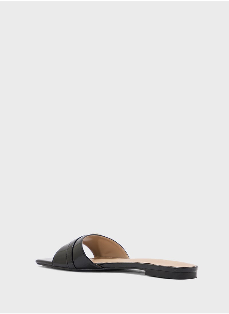 Buckle Detail Crinkle Patent Flat Sandal