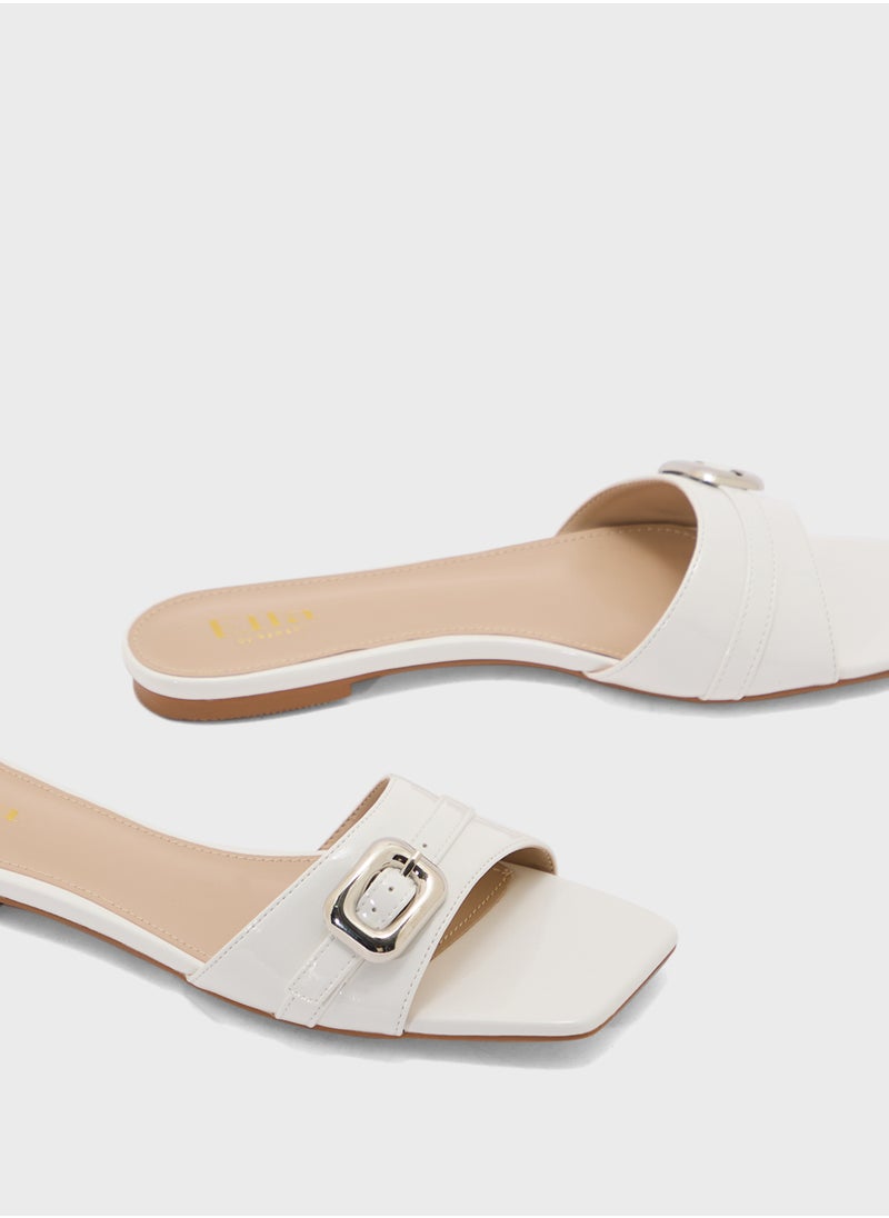 Buckle Detail Crinkle Patent Flat Sandal