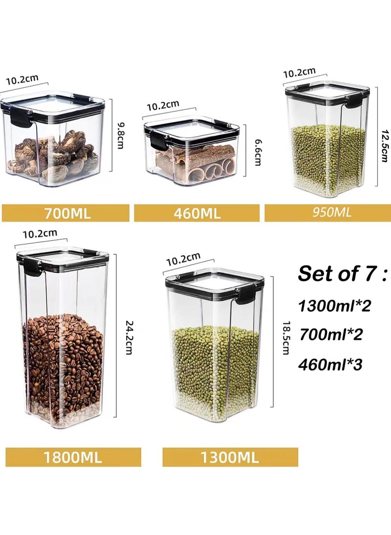 Airtight Food Storage Container with Lock Lids,Cereal & Dry Storage Jars,Kitchen and Pantry Organization Canisters for Cereal,Coffee,Rice,Flour and Sugar (Set of 7 / 3*460ml+2*700ml+2*1300ml)