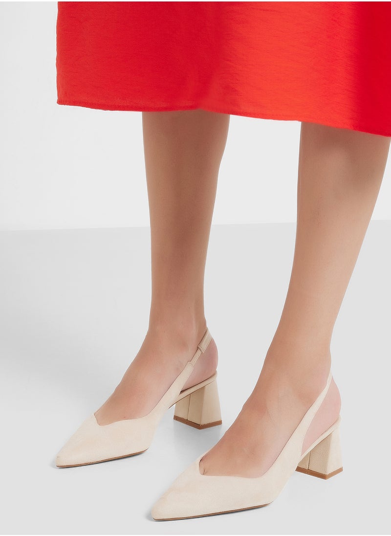Tapered Block Heel Suede Sling Back Pump