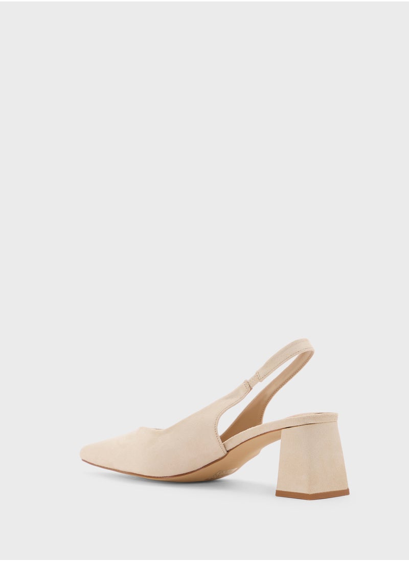 Tapered Block Heel Suede Sling Back Pump