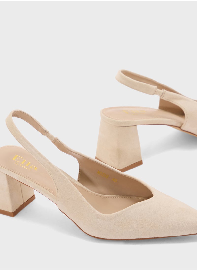 Tapered Block Heel Suede Sling Back Pump