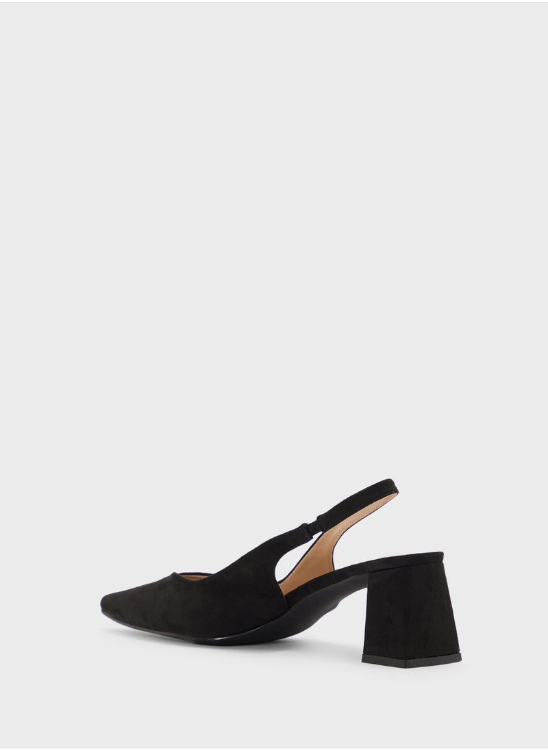 Tapered Block Heel Suede Sling Back Pump