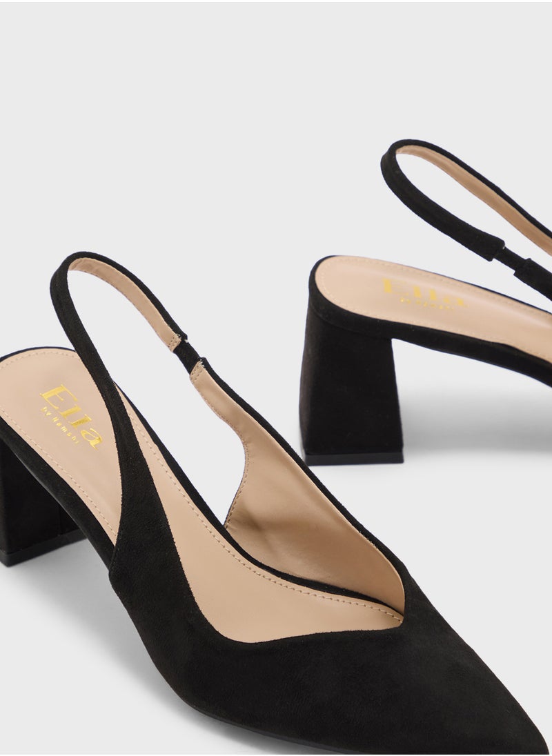 Tapered Block Heel Suede Sling Back Pump