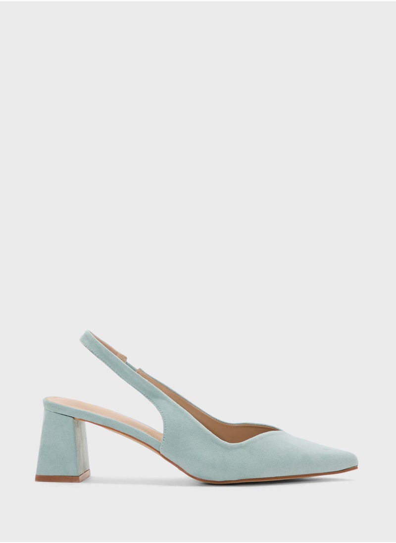 Tapered Block Heel Suede Sling Back Pump