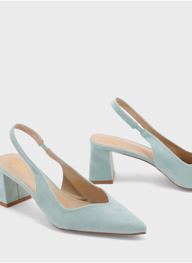 Tapered Block Heel Suede Sling Back Pump