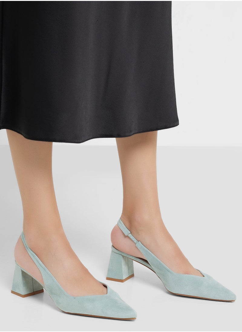 Tapered Block Heel Suede Sling Back Pump