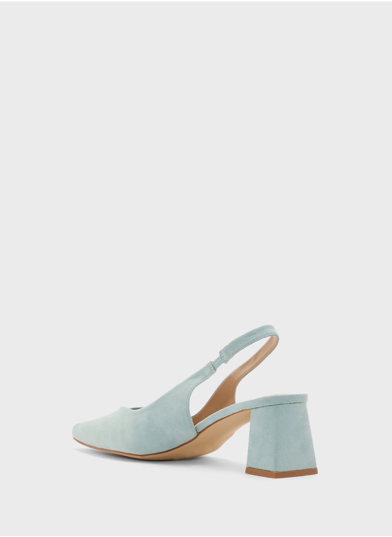 Tapered Block Heel Suede Sling Back Pump