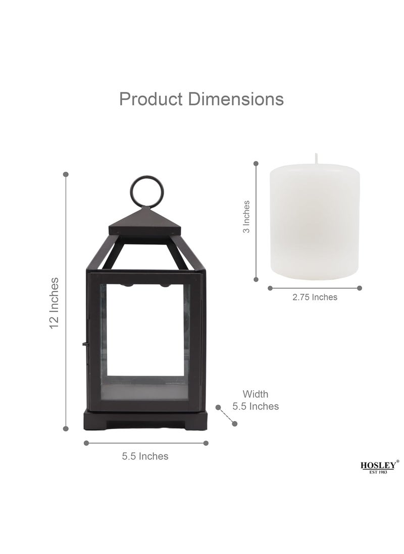 HOSLEY Classic Style Glass Iron Lantern with One Pillar Candle|Black Iron Hanging Lantern|Lantern for Home Decoration|Candle Holders for Home Decor|Pack of 1 (12 Inch Long)