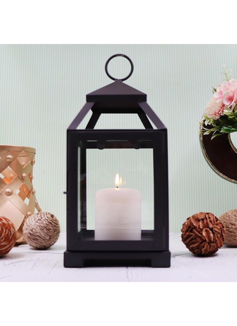HOSLEY Classic Style Glass Iron Lantern with One Pillar Candle|Black Iron Hanging Lantern|Lantern for Home Decoration|Candle Holders for Home Decor|Pack of 1 (12 Inch Long)
