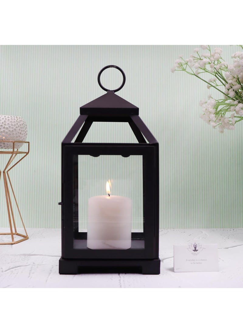 HOSLEY Classic Style Glass Iron Lantern with One Pillar Candle|Black Iron Hanging Lantern|Lantern for Home Decoration|Candle Holders for Home Decor|Pack of 1 (12 Inch Long)