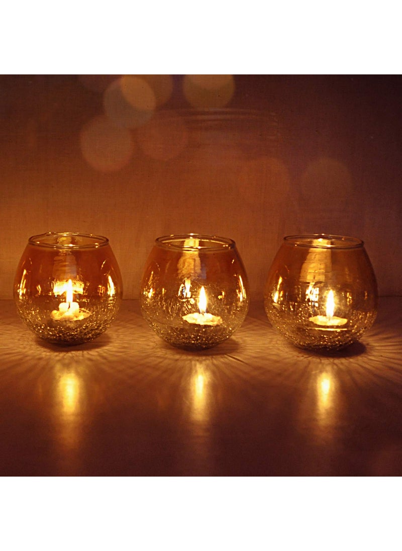 Lalhaveli Crackle Glass Tealight Candle Holder Set of 3 Pcs Bedroom Living Room Lighting Tea Light Candle Holder (4 X 4 Inch)