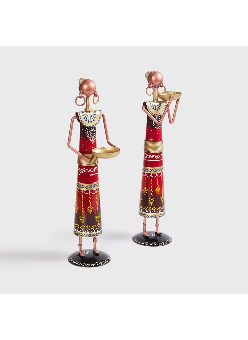 Home Centre Corsica Red Printed Iron Lady Musician with Tealight Holder- Set of 2