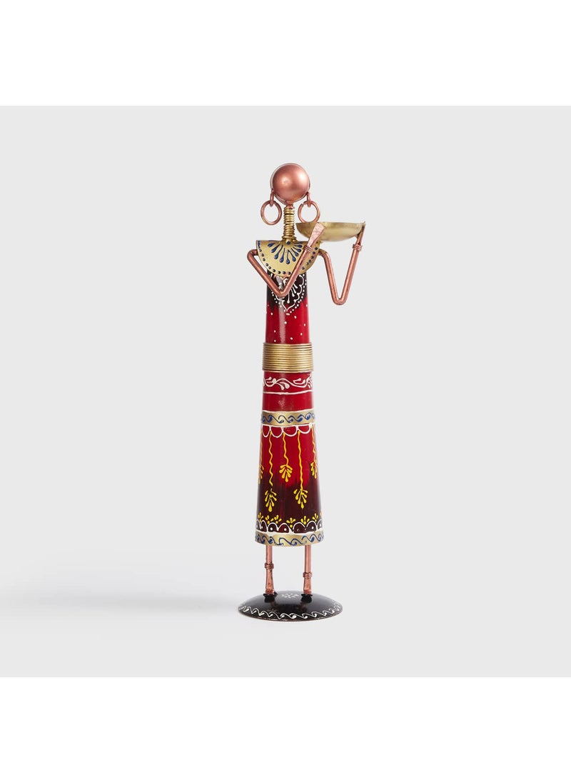 Home Centre Corsica Red Printed Iron Lady Musician with Tealight Holder- Set of 2