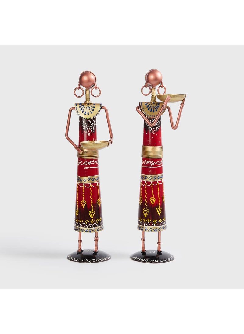 Home Centre Corsica Red Printed Iron Lady Musician with Tealight Holder- Set of 2
