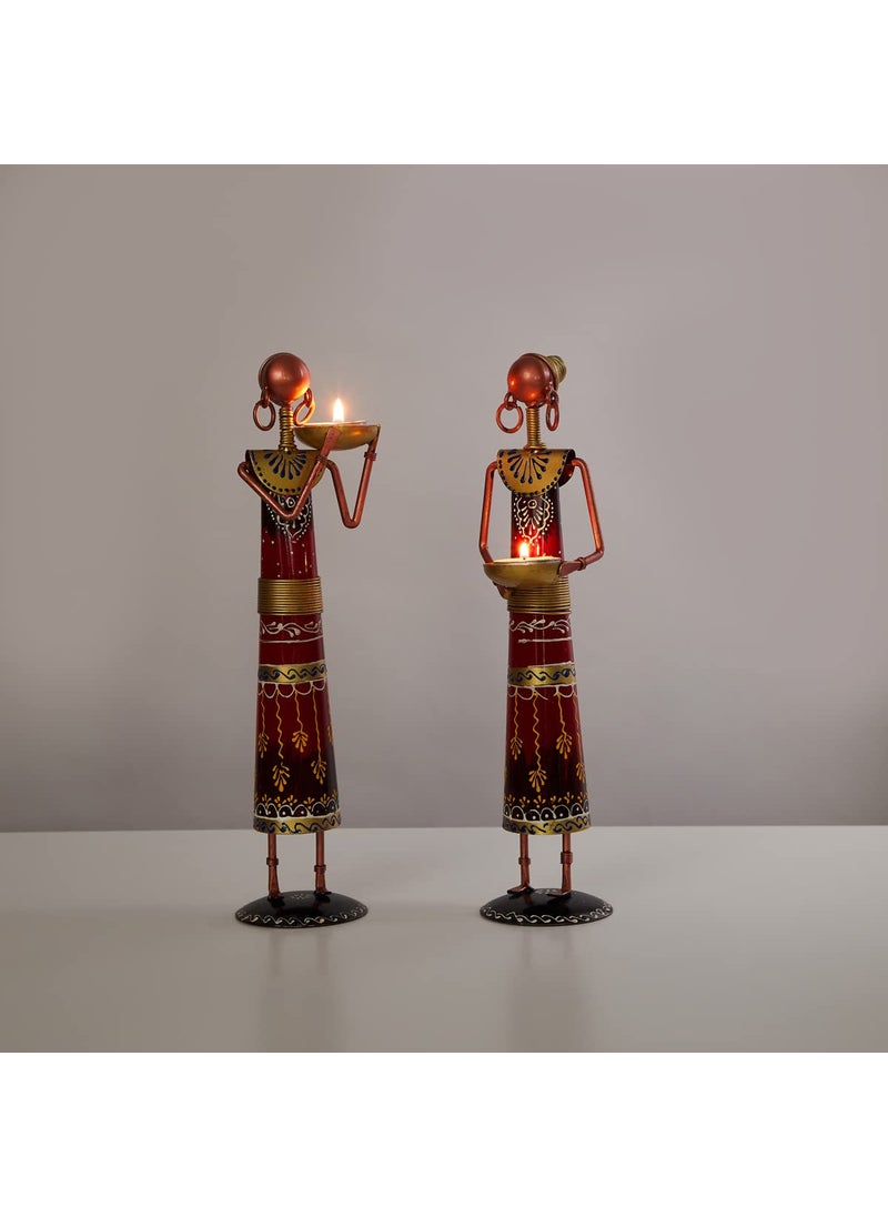 Home Centre Corsica Red Printed Iron Lady Musician with Tealight Holder- Set of 2