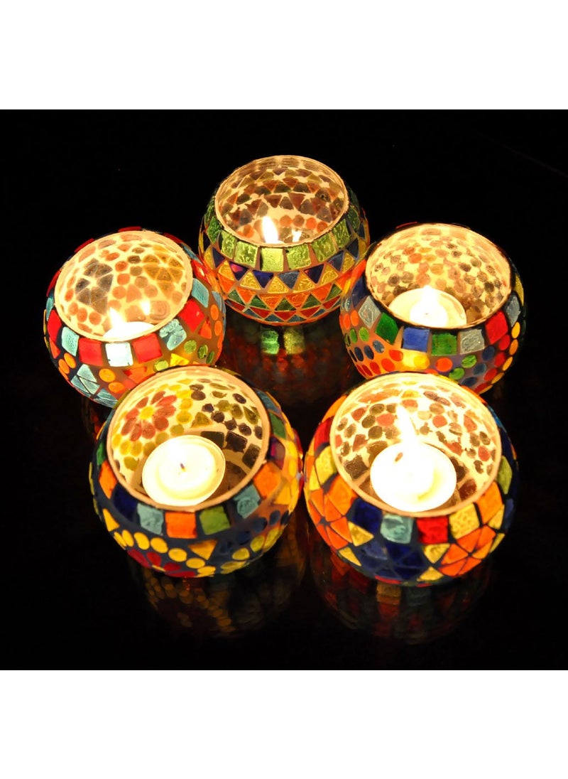 Lal Haveli Decorative Tealight Candle Holders Mosaic Glass T-Light Holder Gift Pack Combo 3 Inches (Set of 5)