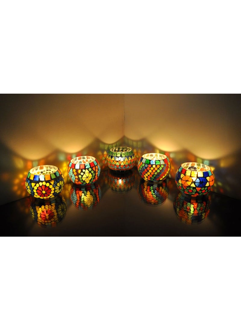Lal Haveli Decorative Tealight Candle Holders Mosaic Glass T-Light Holder Gift Pack Combo 3 Inches (Set of 5)
