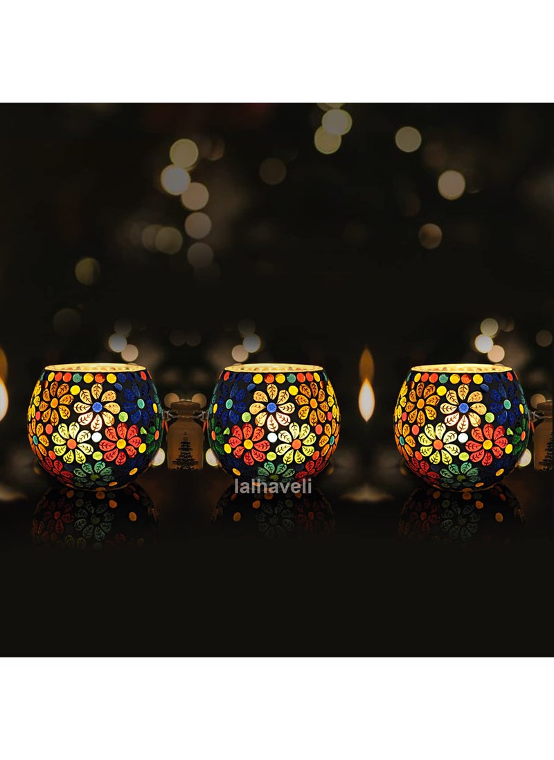 Lalhaveli Restaurant Cafe Decor Flower Mosaic Glass Multi Candle Holder Votive Light Set of 3 (Candle Included)