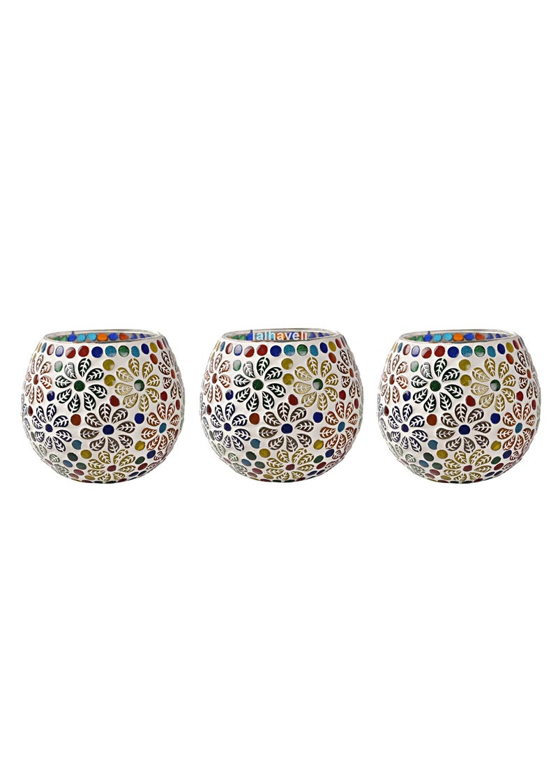 Lalhaveli Restaurant Cafe Decor Flower Mosaic Glass Multi Candle Holder Votive Light Set of 3 (Candle Included)