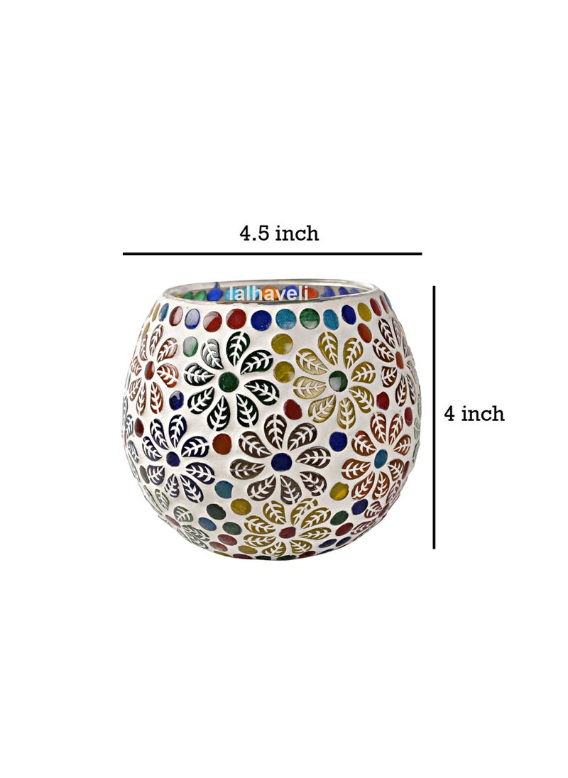 Lalhaveli Restaurant Cafe Decor Flower Mosaic Glass Multi Candle Holder Votive Light Set of 3 (Candle Included)