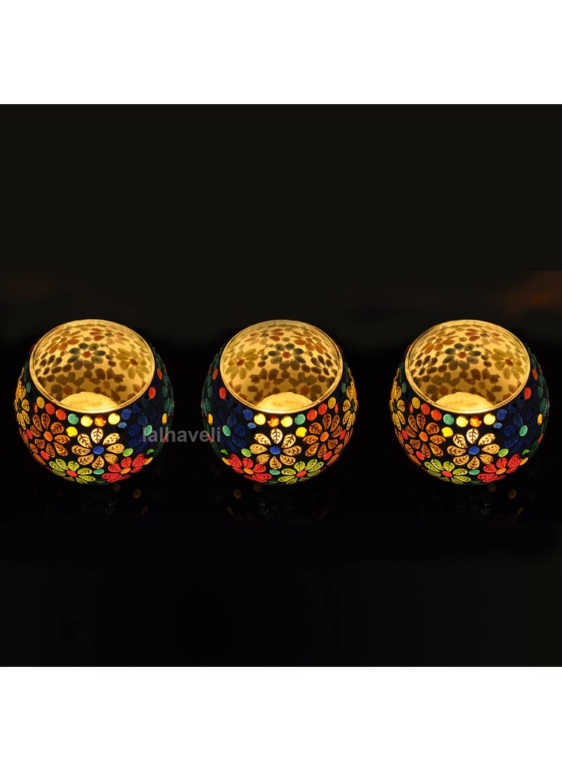 Lalhaveli Restaurant Cafe Decor Flower Mosaic Glass Multi Candle Holder Votive Light Set of 3 (Candle Included)