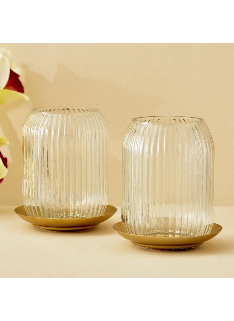 Home Centre DW24-S2 Clear Ribbed Glass with Metal T-Light Holder 10 CM H Transparent