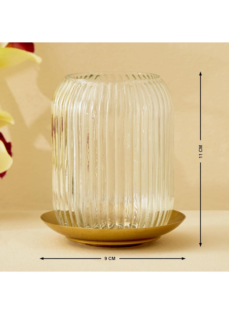 Home Centre DW24-S2 Clear Ribbed Glass with Metal T-Light Holder 10 CM H Transparent