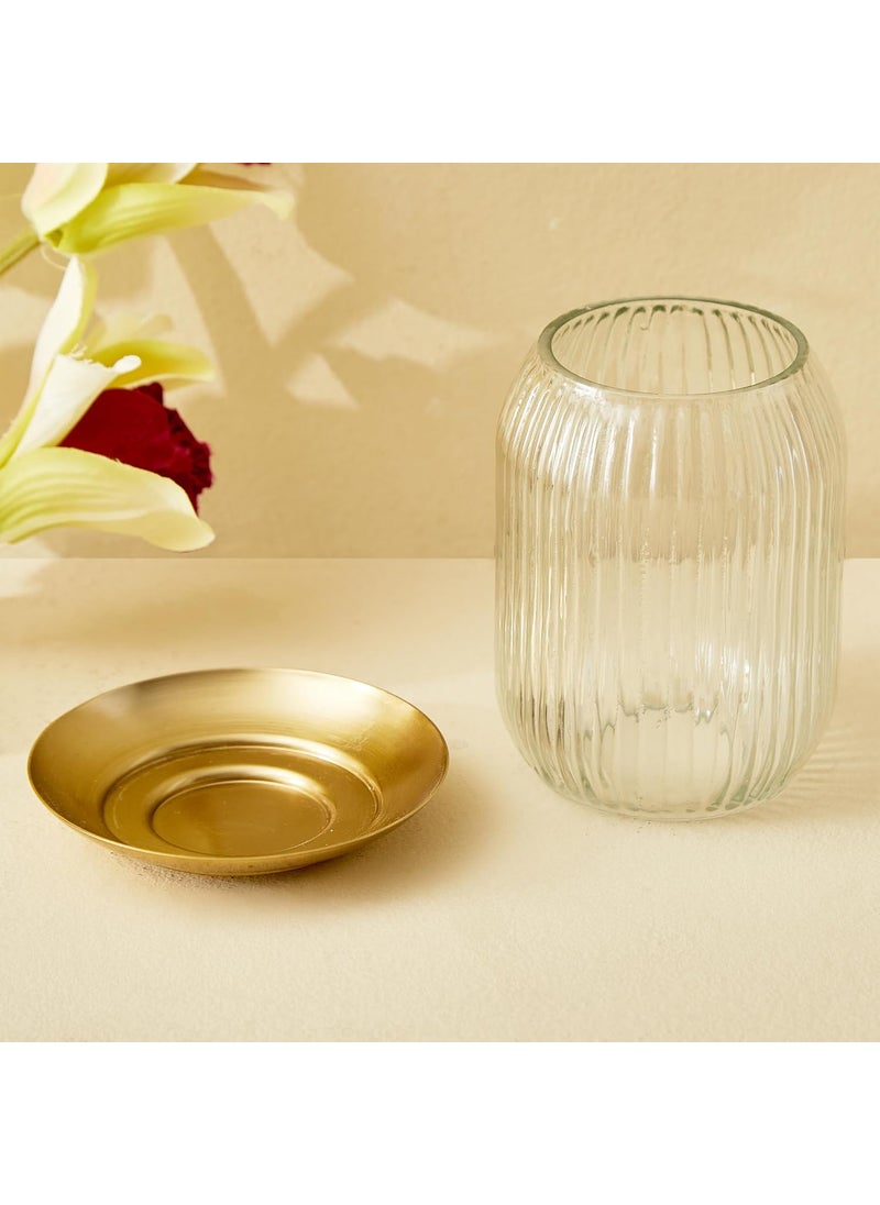 Home Centre DW24-S2 Clear Ribbed Glass with Metal T-Light Holder 10 CM H Transparent