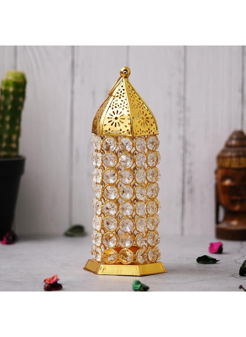 WebelKart Premium Crystal Moroccan Brass Tealight Candle Holder for Home Decoration,Lantern Shape Tealight Holder for Diwali Decor (8.5